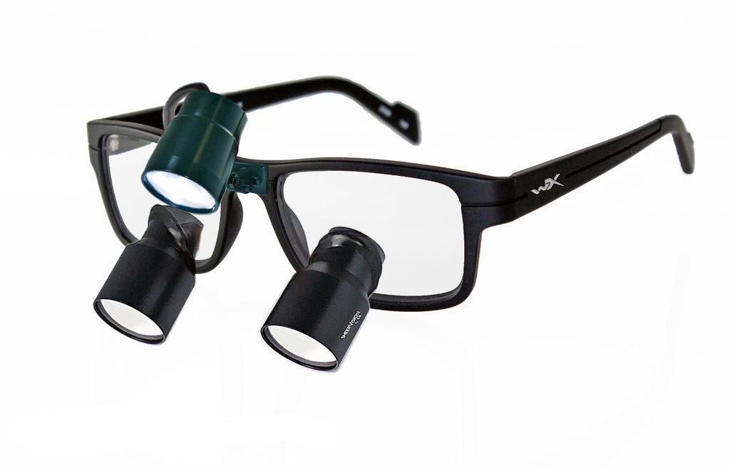 GenX 4.0x Custom TTL Loupes with Portable V-Ray LED Headlight Surgical Package on Wiley-X Epic frame